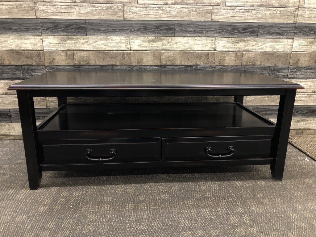 BLACK LOW PER 1 IMPORTS 2 TIER COFFEE TABLE W/ 2 DRAWERS.