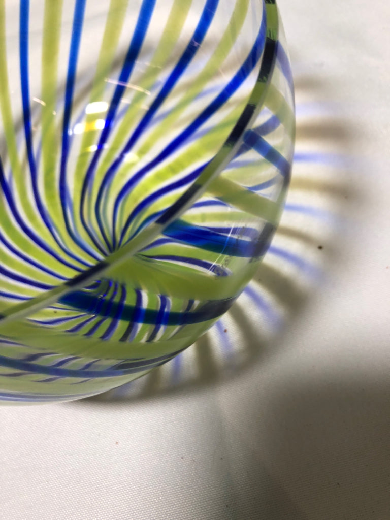 CLEAR GLASS BOWL W/ GREEN+COBALT BLUE STRIPES EASTERN.