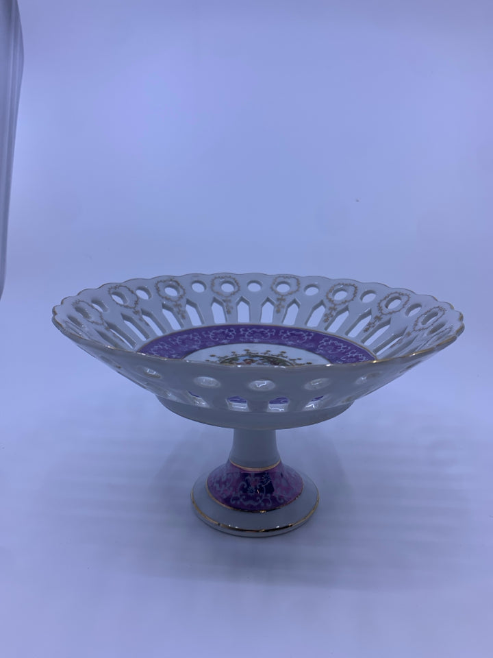 PURPLE/GOLD CUTOUT FOOTED DISH.