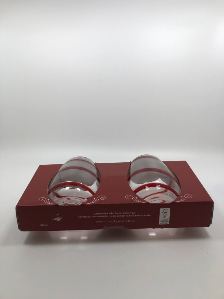 NIP 2 STEMLESS RED SWIRL WINE GLASSES.