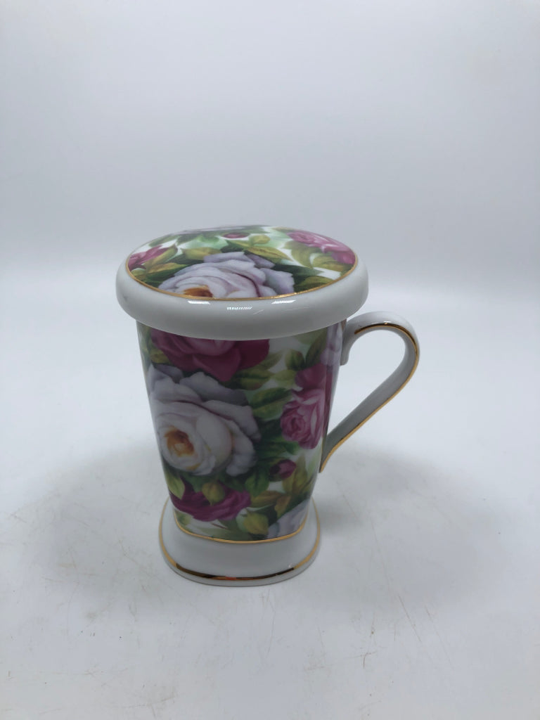 FLORAL PORCELAIN MUG W/ INFUSER +LID.