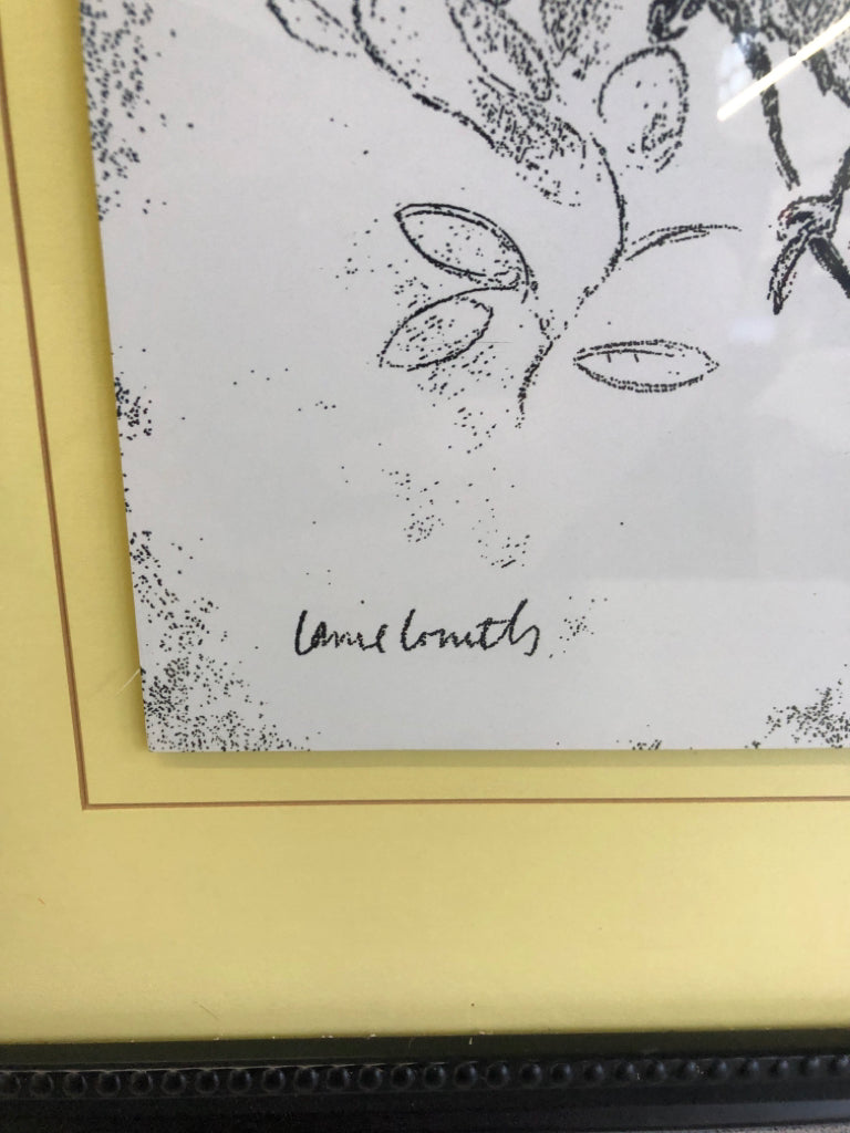 B&W STAMPED PRINT BIRD ON BRANCH LOOKING RIGHT IN FRAME.