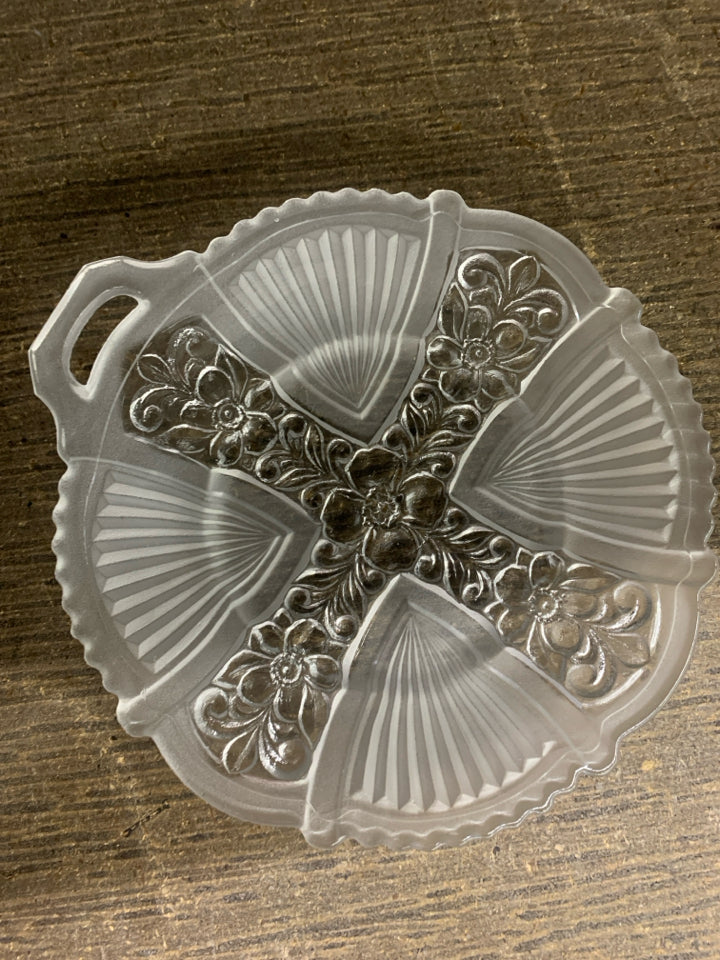 VTG CLEAR & FROSTED GLASS SINGLE HANDLE RELISH TRAY.