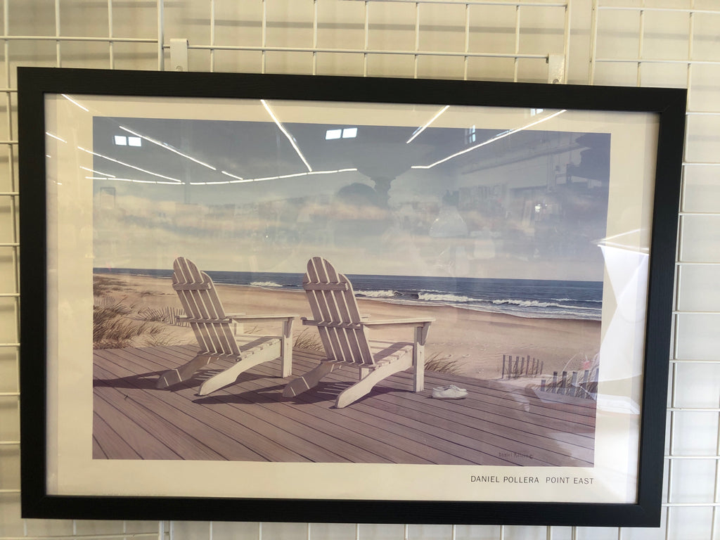 2 WHITE BEACH CHAIRS AT BEACH IN BLACK FRAME WALL ART.
