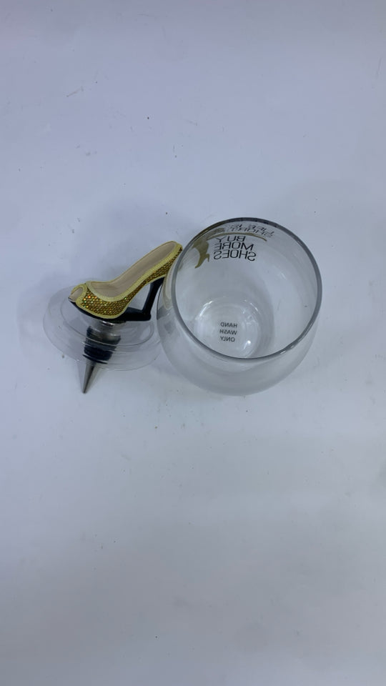 LIFE IS SHORT WINE CUP W/SHOE BOTTLE STOPPER.