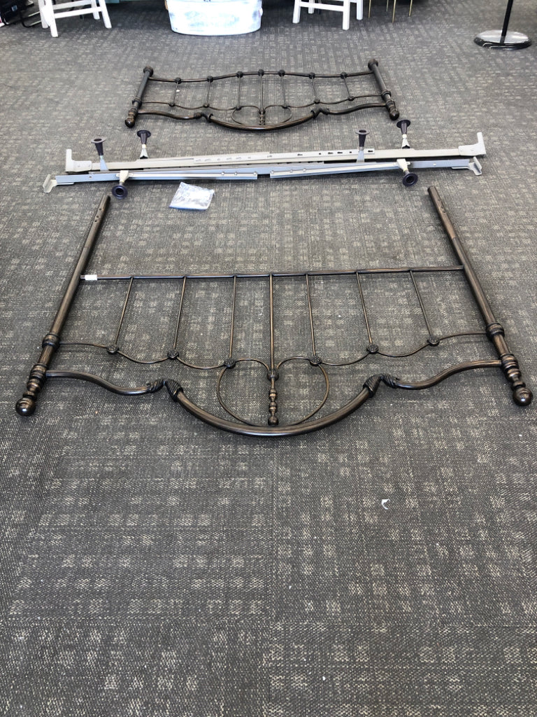 DARK BROWN METAL DISTRESSED QUEEN BED FRAME W SIDE RAILS.