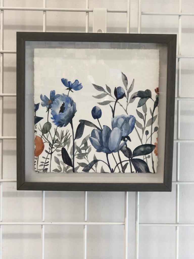 BLUE PAINTED FLORALS IN SM GRAY FRAME.