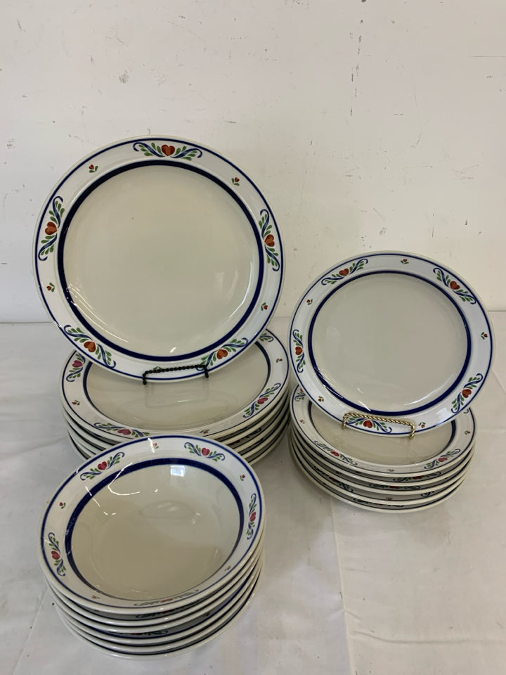 18PC BLUE AND RED HEART PATTERN DISH SET - 6 BOWLS, 6 DINNER PLATES, 6 LUNCH PLA