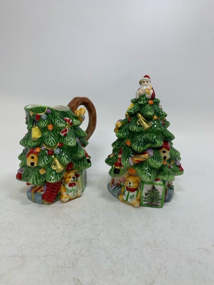 SPODE CHRISTMAS TREE FIGURAL CREAMER/SUGAR BOWL.