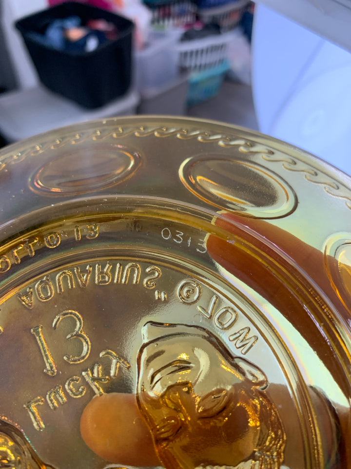 VTG AMBER IRIDESCENT GLASS APOLLO 13 MOON MISSION PLATE.