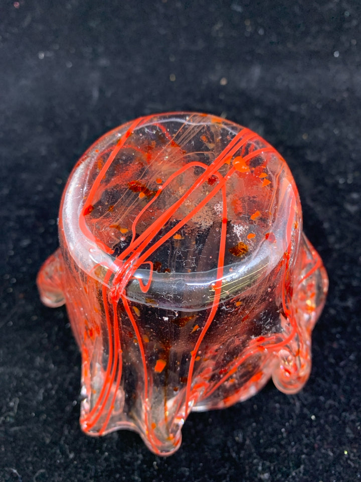 SMALL GLASS RED PAINT STRIPE BOWL.