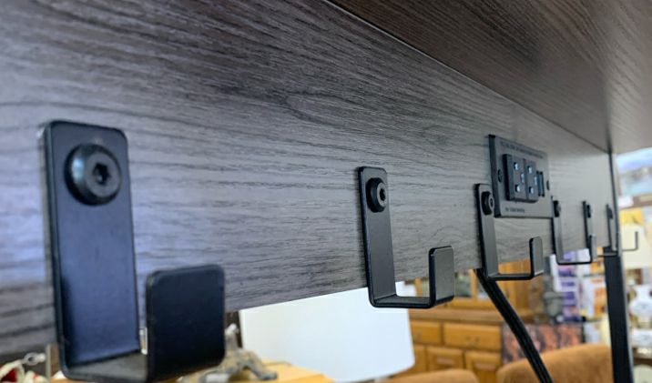 RUSTIC GREY, BLACK METAL BAKERS RACK- PLUG/USB OUTLETS.