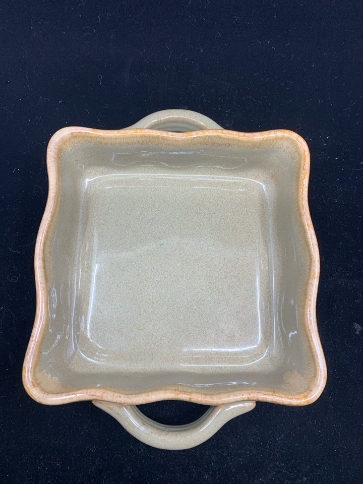 SQUARE TAN BAKING DISH W HANDLES.