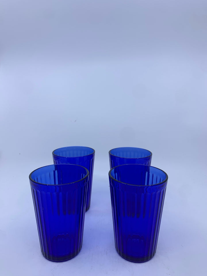 4 IKEA COBALT BLUE RIBBED JUICE GLASSES.