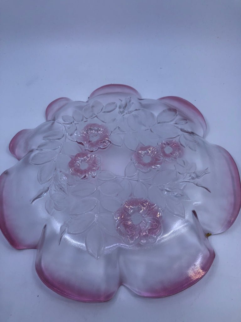 PINK GLASS EMBOSSED FLOWERS DISH.