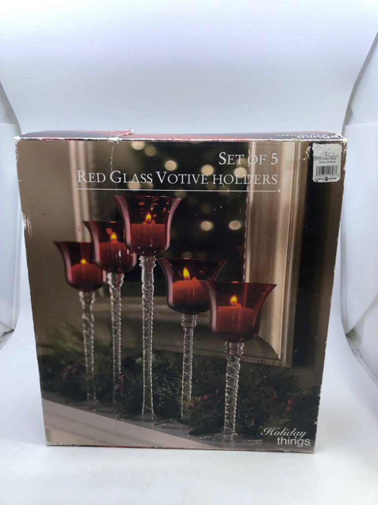 5 RED GLASS VOTIVE HOLDERS.