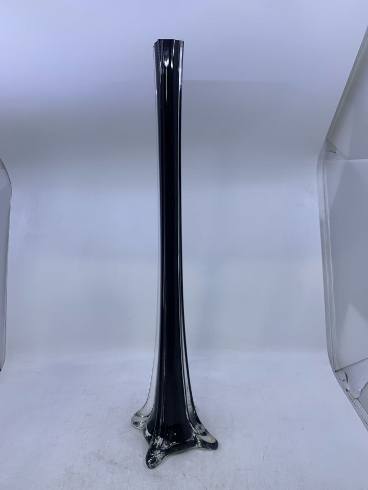 BLACK SKINNY GLASS VASE W/ HEAVY SET BOTTOM.