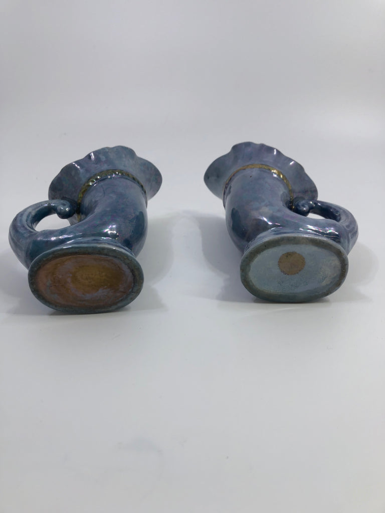 2PC VTG BLUE+ORANGE LUSTERWARE CORNUCOPIA VASE.