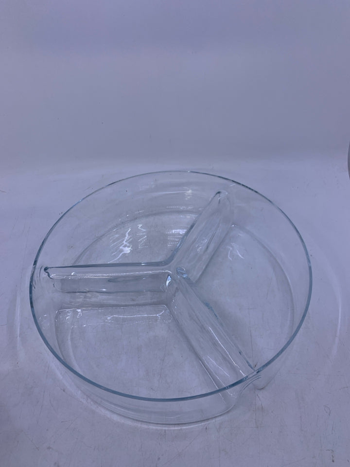 CLEAR GLASS HEAVY TRI DIVIDED BOWL.