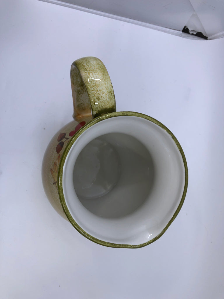 GREEN CERAMIC PITCHER W/ LEAVES/ACORNS.