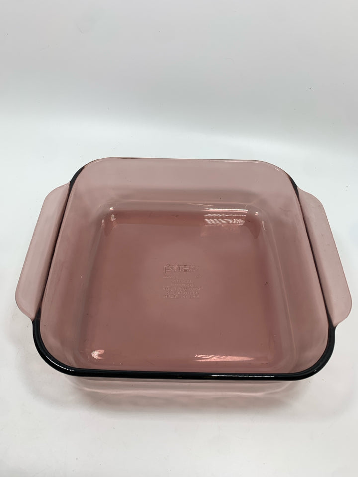 PYREX PURPLE GLASS SQUARE BAKING DISH.
