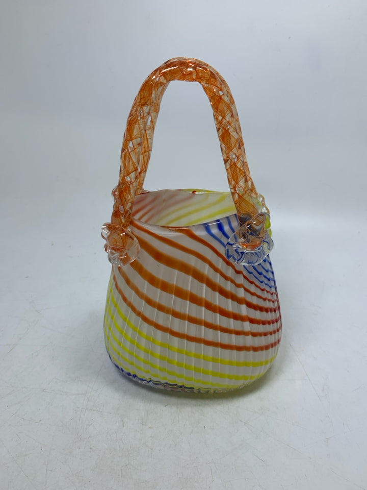 BLOWN GLASS COLORFUL STRIPED PURSE VASE.