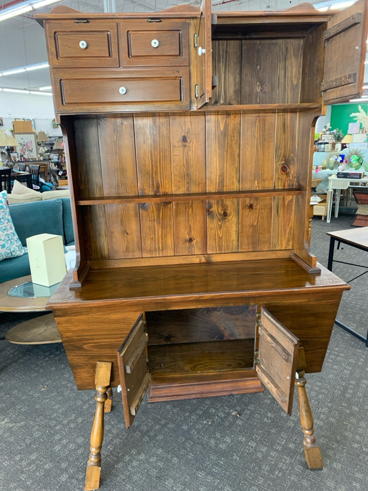 VTG LARGE DARK WOOD 2PC HUTCH W BOTTOM CABINETS AND TOP SHELF.