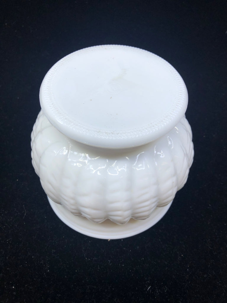 VTG MILK GLASS FOOTED DISH W/LEAVES DETAIL.