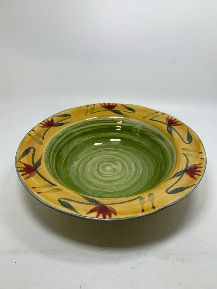 GREEN YELLOW W/ FLOWERS STONEWARE SERVING BOWL.
