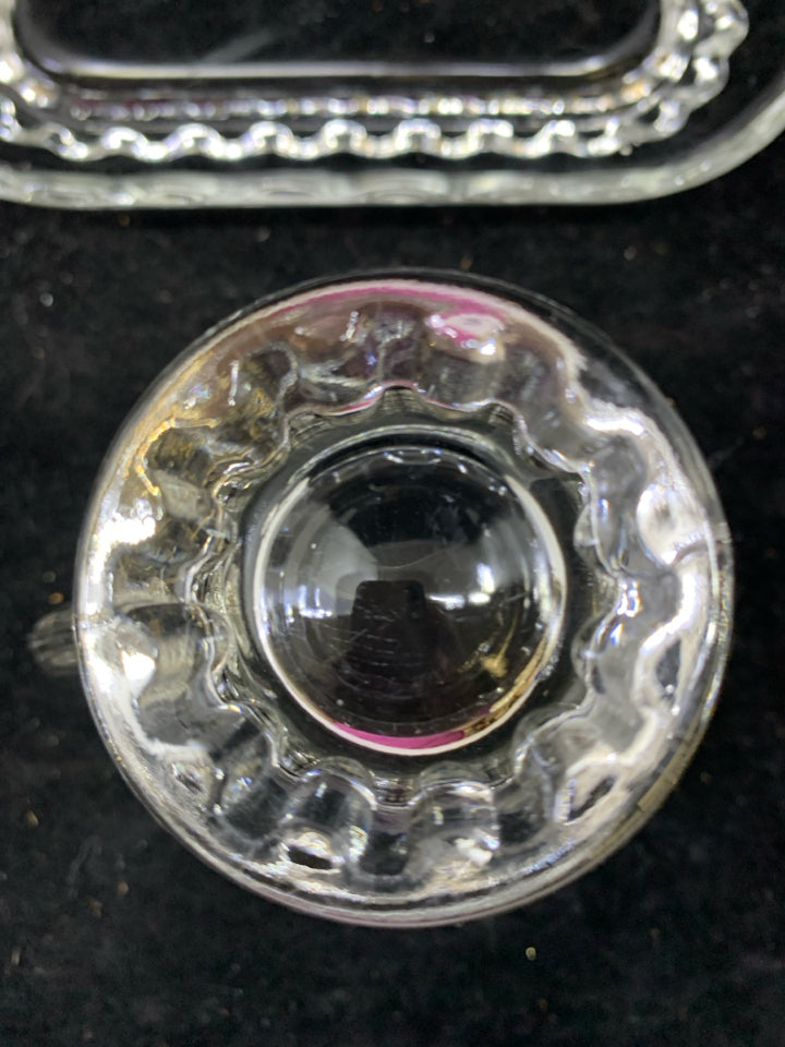 3PC VTG CLEAR SUGAR AND CREAMER W PLATE.