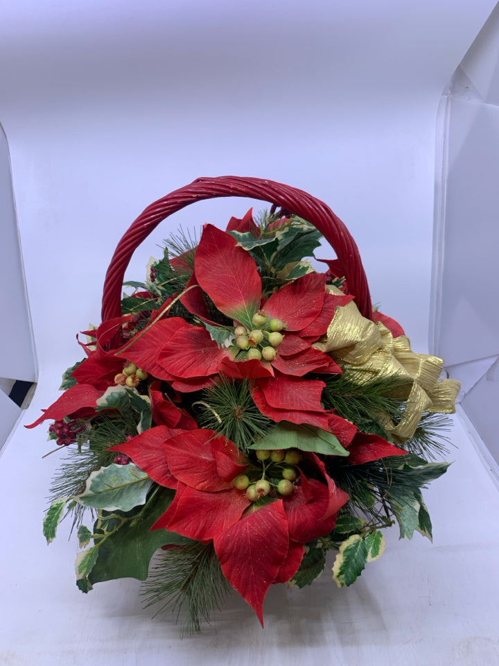 FAUX HOLLY IN RED BASKET.