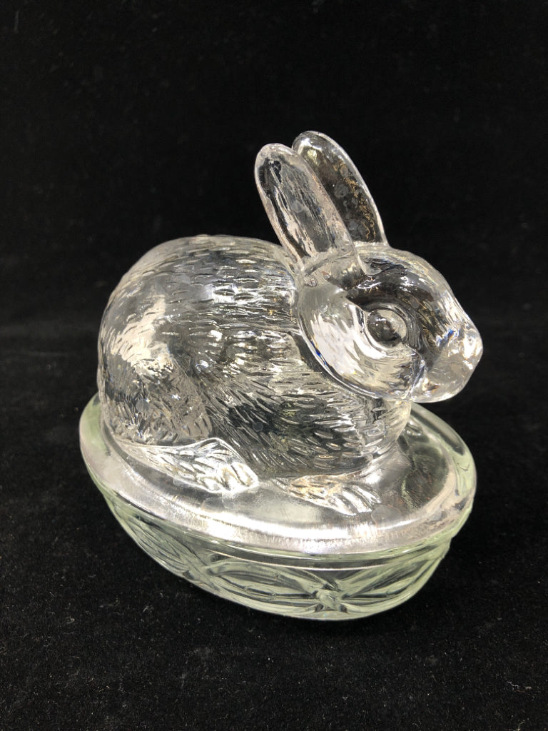 CLEAR GLASS BUNNY CANDY JAR W/LID.
