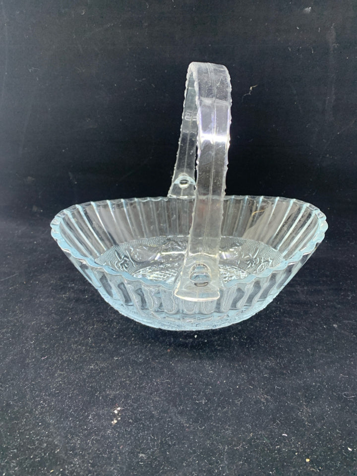 CUT CLEAR GLASS BASKET W PLASTIC HANDLE.