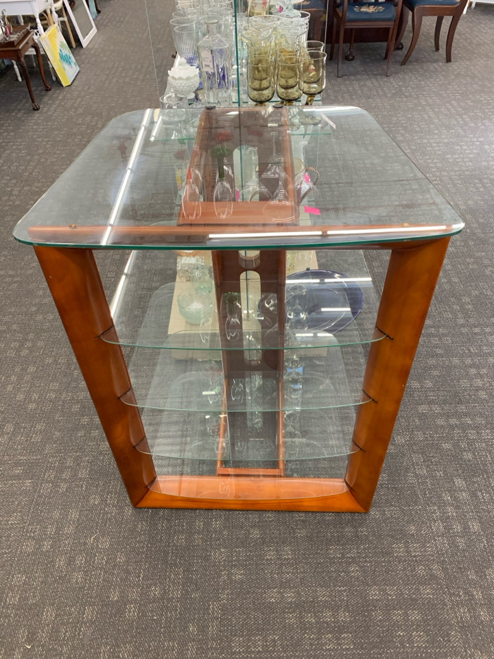 DARK WOOD CORNER SHELF W GLASS SHELVES.