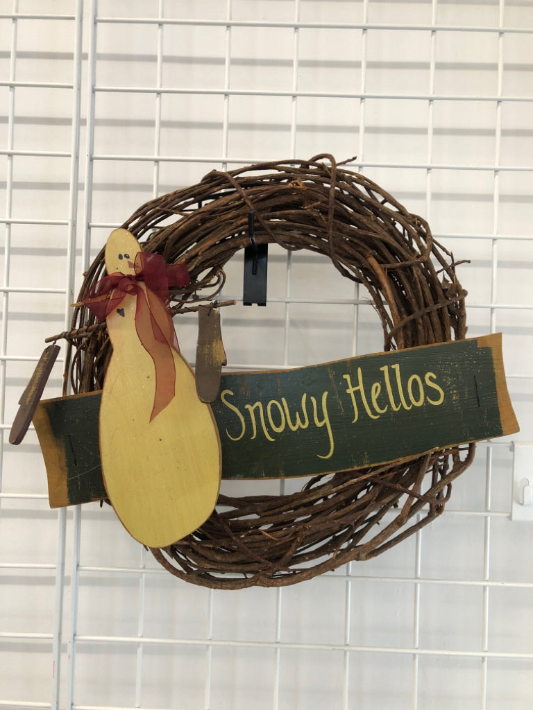 PRIMITIVE TWIG WREATH "SNOWY HELLOS" W/ SNOWMAN.