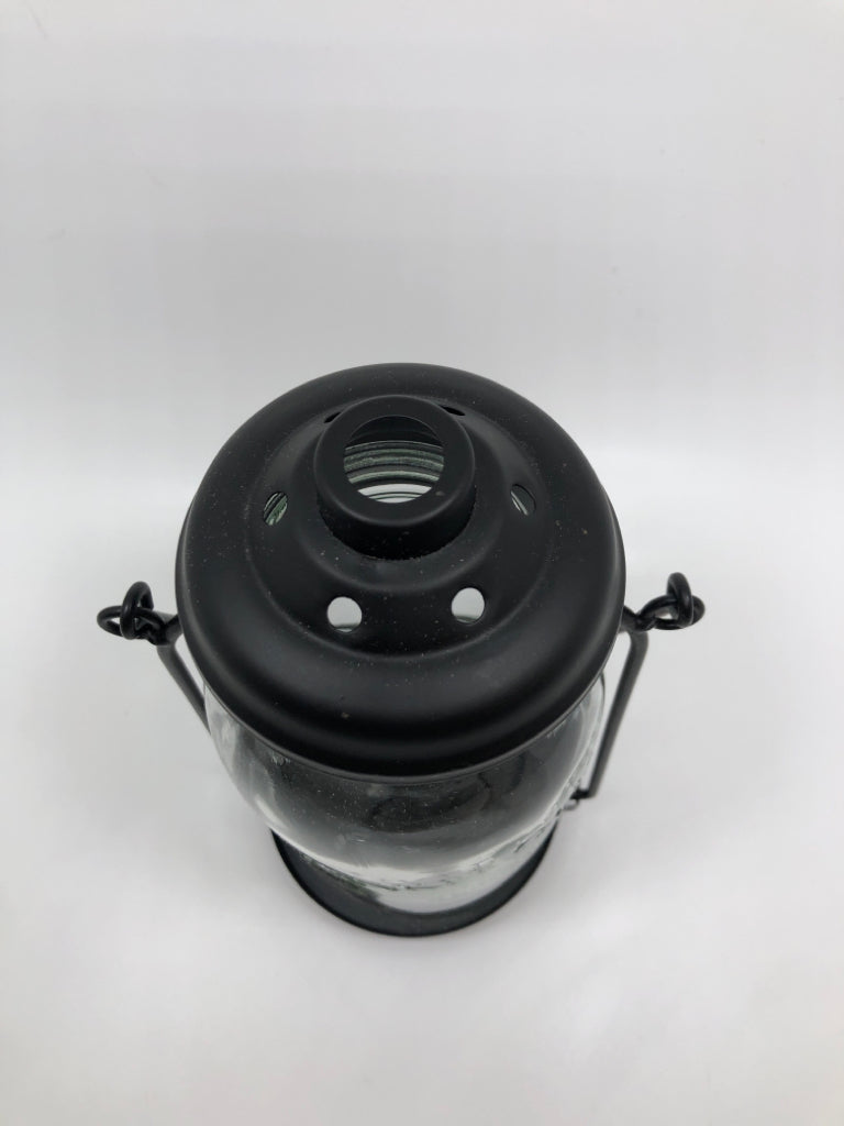 YANKEE CANDLE BLACK METAL AND GLASS VOTIVE LANTERN.