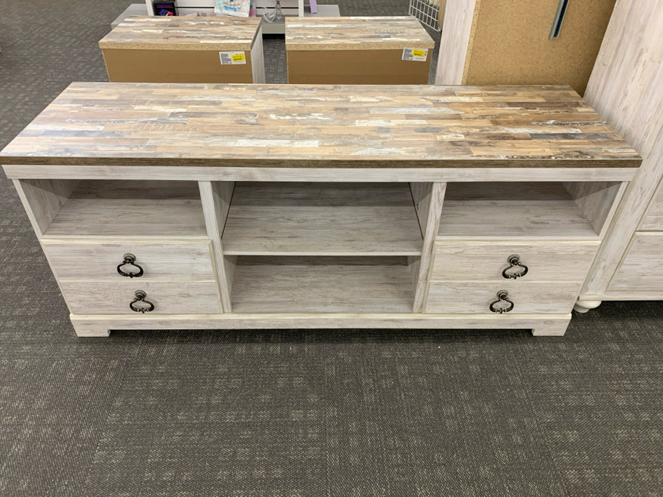 ASHLEY 2 DRAWER 4 SHELF CONSOLE TABLE.