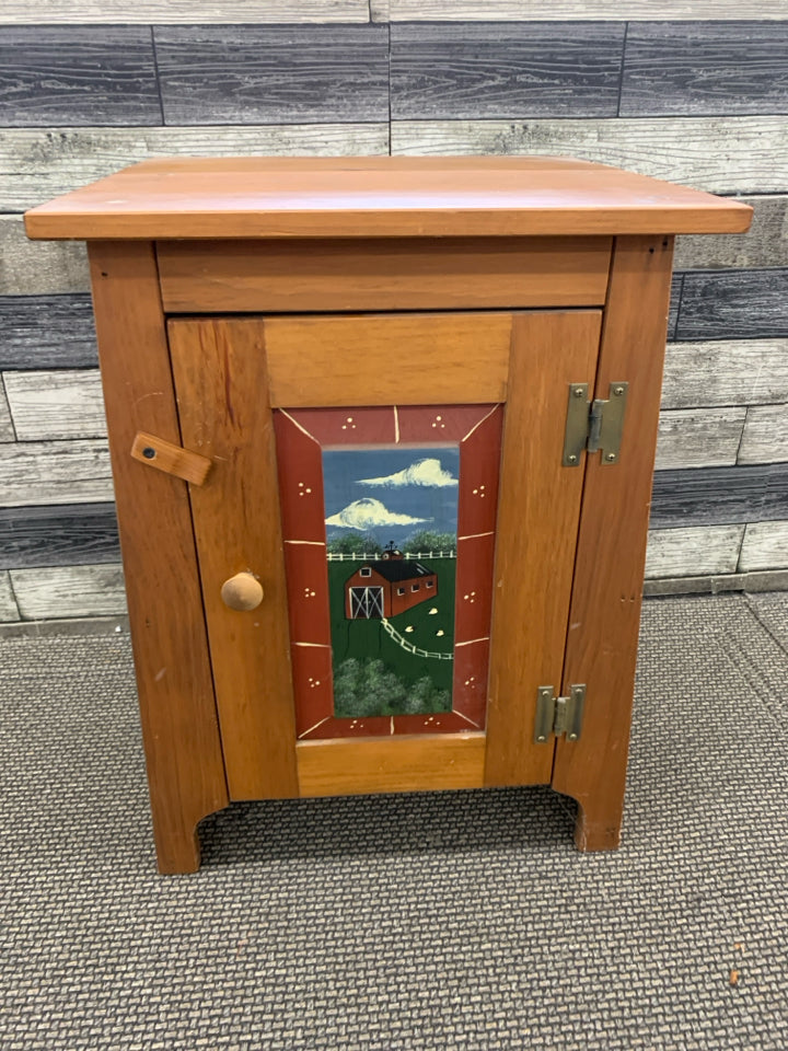 SMALL WOOD CABINET W/ PAINTED RED BARN ON DOOR PRIMITIVE STYLE.