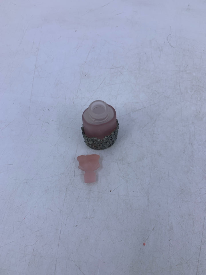 MINI PINK FROSTED GLASS PERFUME BOTTLE W/ METAL CASE IN BAG.