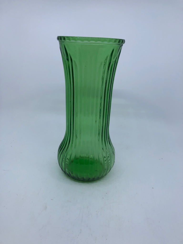 TALL GREEN GLASS TEXTURED VASE.