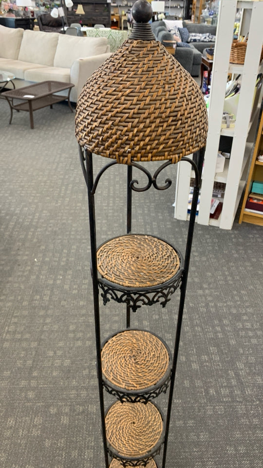 4 TIER BLACK METAL ROUND PLANT SHELF W/WOVEN DOME TOP.