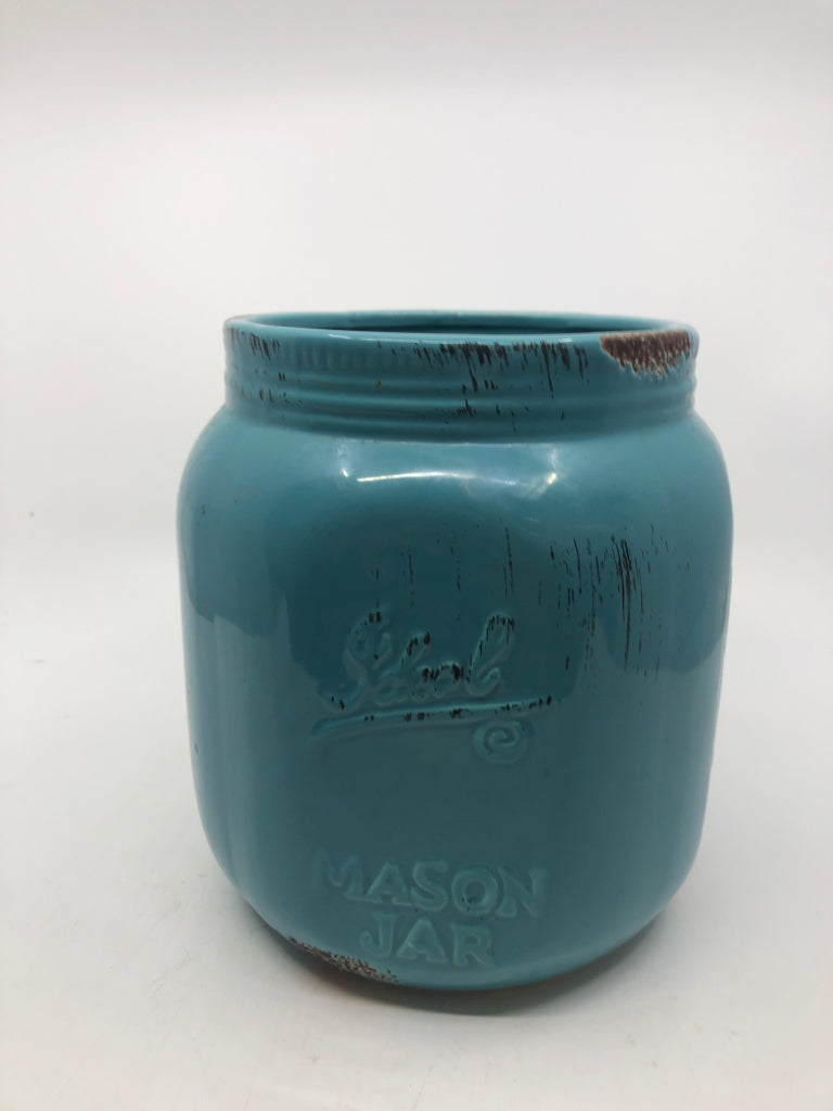 TEAL LARGE MASON JAR UTENSIL HOLDER.