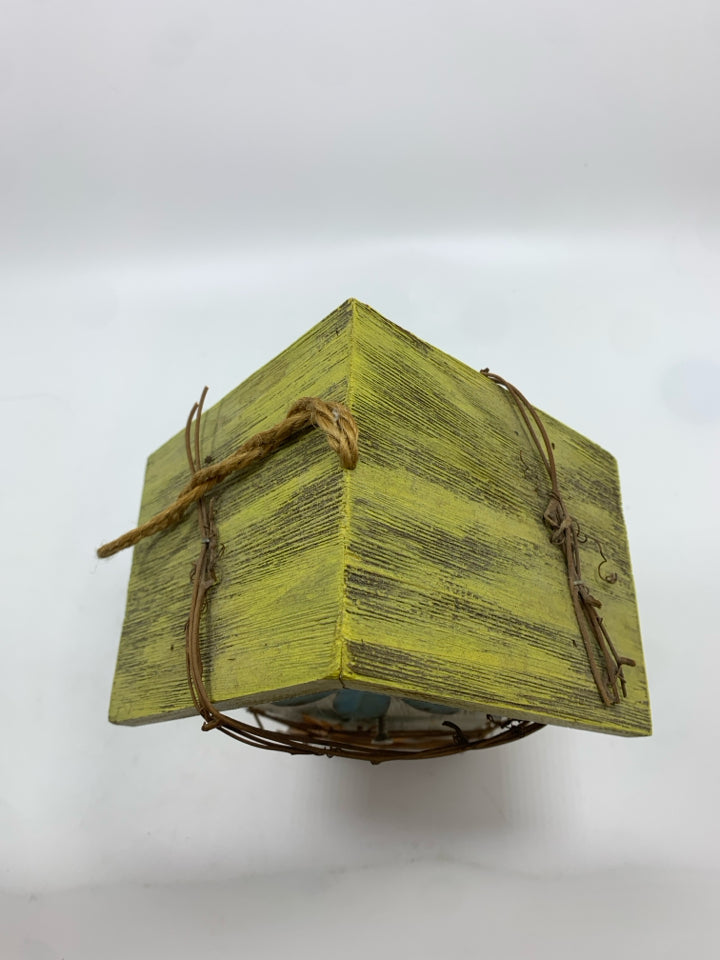 RUSTIC WOOD BIRDHOUSE W/FAUX TWIGS AND METAL BUTTERFLY.