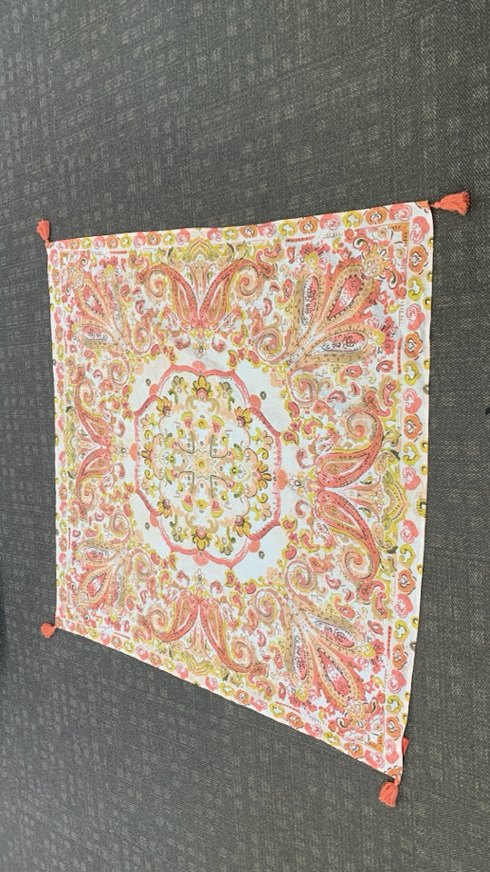 OPALHOUSE PINK/RED/YELLOW TABLE CLOTH W/PINK TASSELS.