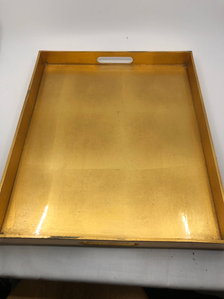 SQUARE GOLD TRAY W HANDLES.