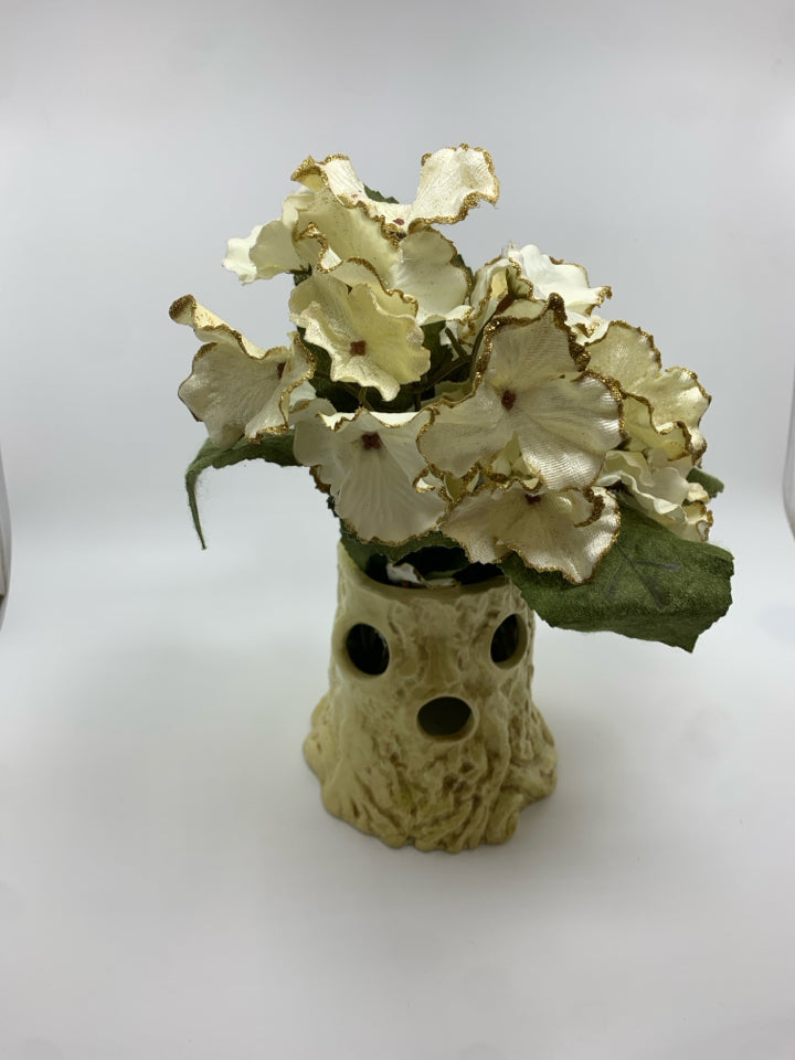 WHITE BARK VASE W/FAUX WHITE FLOWERS.