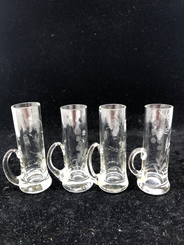 4 ETCHED FLORAL LIQUOR GLASSES.