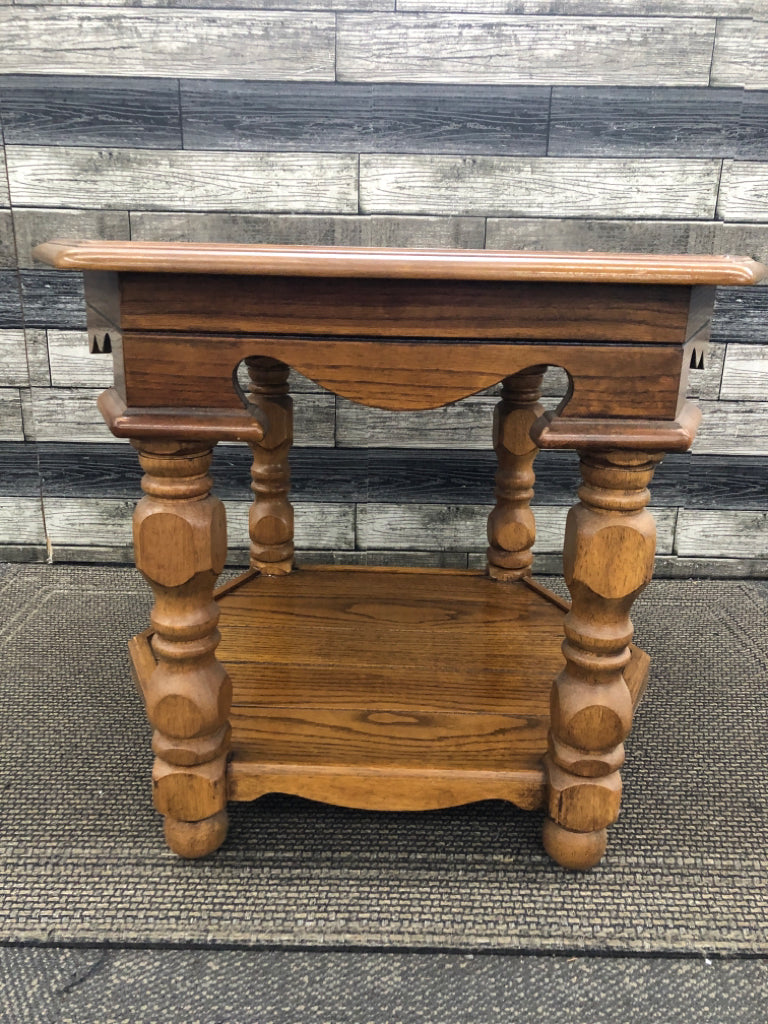 VTG OAK HEXAGONAL END TABLE.