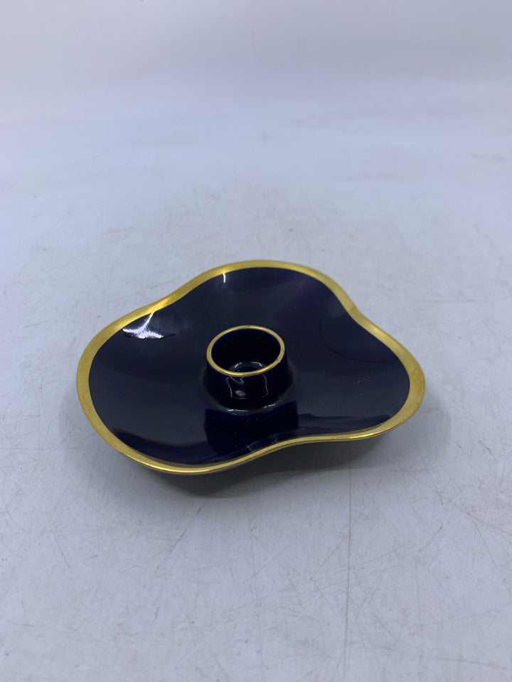 COBALT BLUE TAPERED CANDLE HOLDER W/ GOLD EDGES.