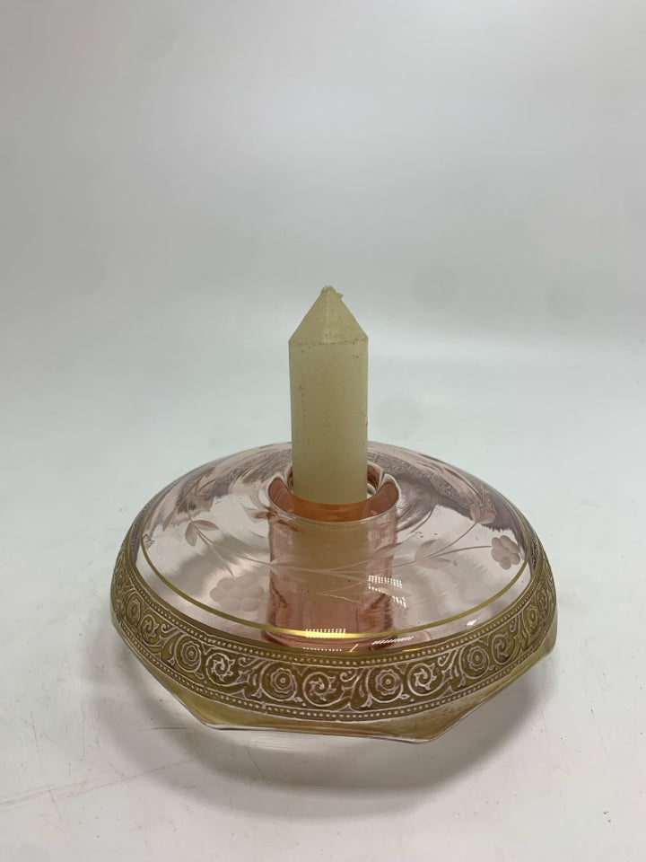 VTG PINK DEPRESSION GLASS CANDLE HOLDER W/GOLD EDGE.